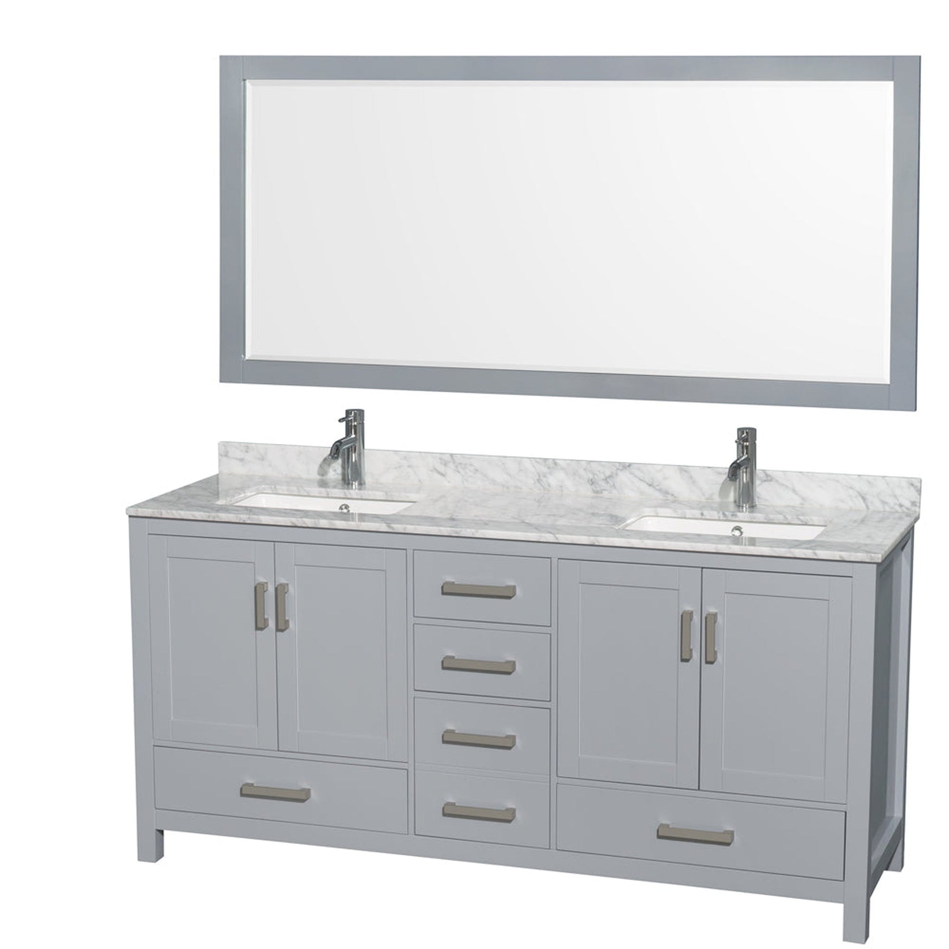 Wyndham Collection Sheffield 72" Double Bathroom Vanity in Gray, White Carrara Marble Countertop, Undermount Square Sinks, and 70" Mirror