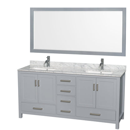 Wyndham Collection Sheffield 72" Double Bathroom Vanity in Gray, White Carrara Marble Countertop, Undermount Square Sinks, and 70" Mirror