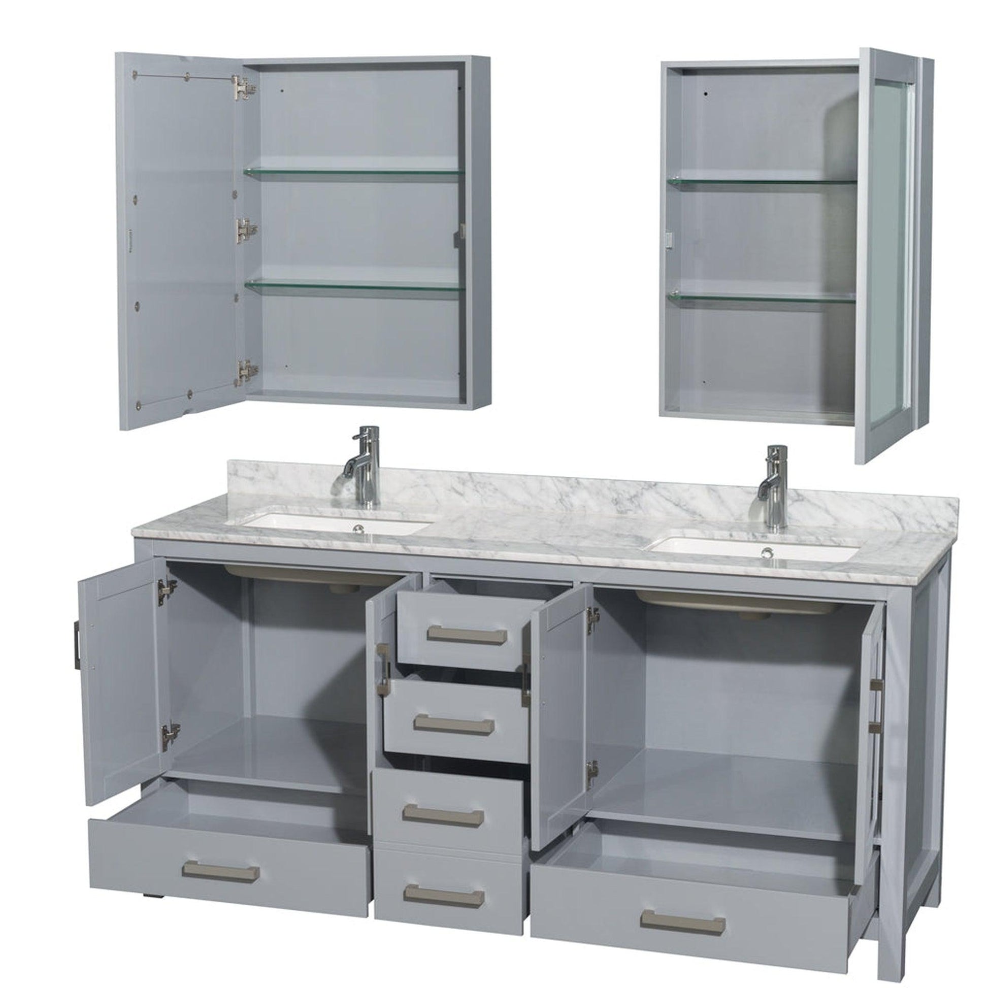 Wyndham Collection Sheffield 72" Double Bathroom Vanity in Gray, White Carrara Marble Countertop, Undermount Square Sinks, and Medicine Cabinet