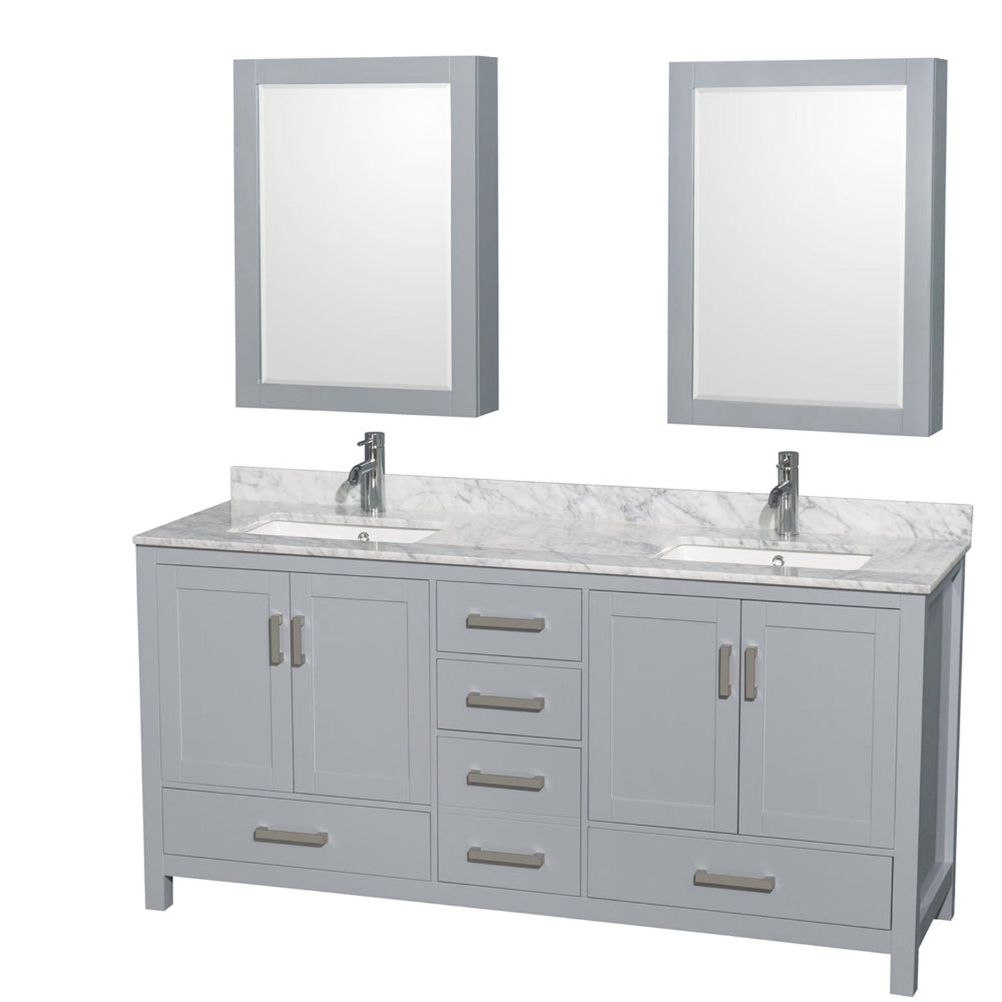 Wyndham Collection Sheffield 72" Double Bathroom Vanity in Gray, White Carrara Marble Countertop, Undermount Square Sinks, and Medicine Cabinet