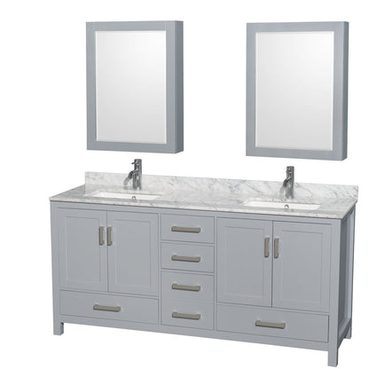 Wyndham Collection Sheffield 72" Double Bathroom Vanity in Gray, White Carrara Marble Countertop, Undermount Square Sinks, and Medicine Cabinet