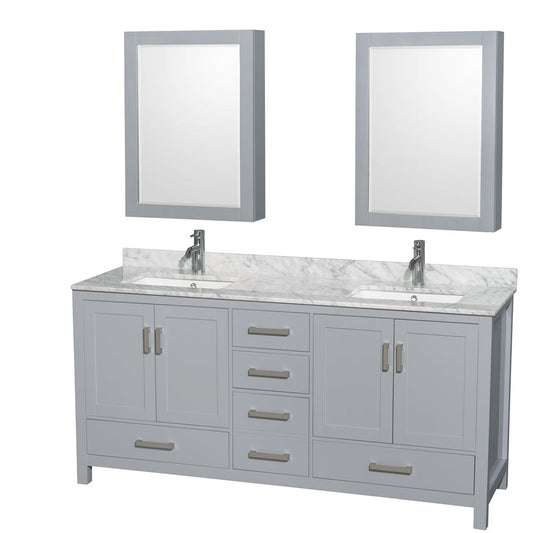 Wyndham Collection Sheffield 72" Double Bathroom Vanity in Gray, White Carrara Marble Countertop, Undermount Square Sinks, and Medicine Cabinet