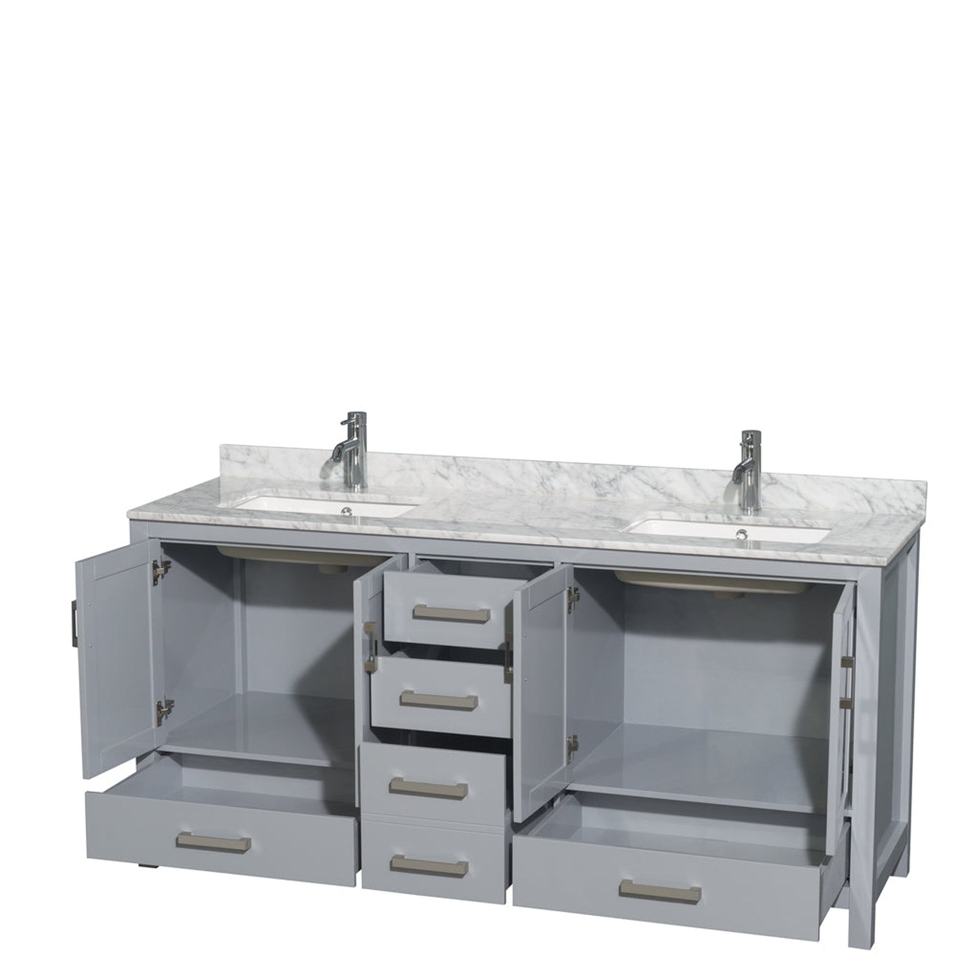 Wyndham Collection Sheffield 72" Double Bathroom Vanity in Gray, White Carrara Marble Countertop, Undermount Square Sinks, and No Mirror