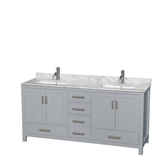 Wyndham Collection Sheffield 72" Double Bathroom Vanity in Gray, White Carrara Marble Countertop, Undermount Square Sinks, and No Mirror