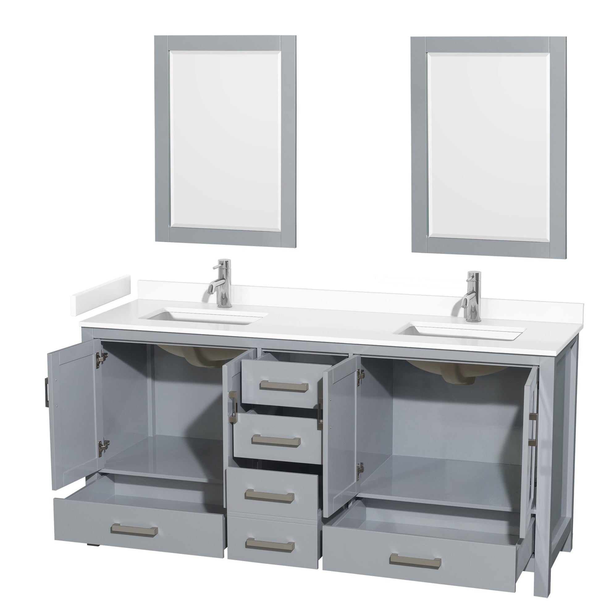 Wyndham Collection Sheffield 72" Double Bathroom Vanity in Gray, White Cultured Marble Countertop, Undermount Square Sinks, 24" Mirror