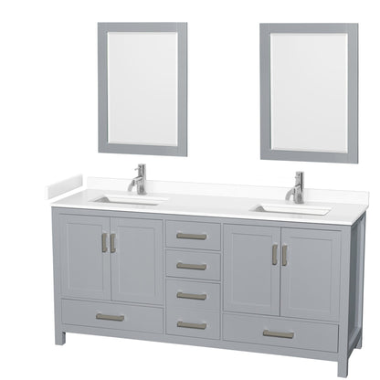 Wyndham Collection Sheffield 72" Double Bathroom Vanity in Gray, White Cultured Marble Countertop, Undermount Square Sinks, 24" Mirror