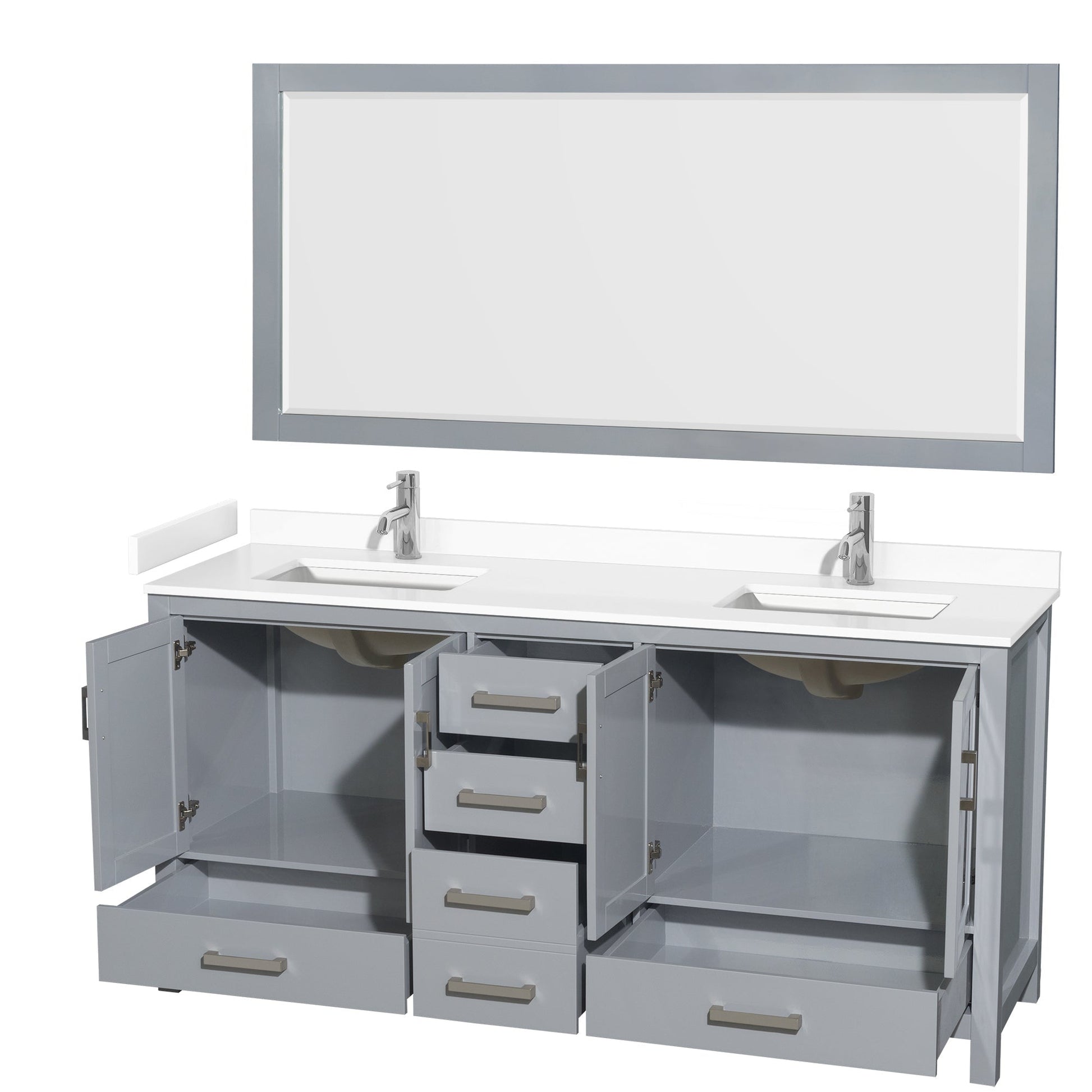 Wyndham Collection Sheffield 72" Double Bathroom Vanity in Gray, White Cultured Marble Countertop, Undermount Square Sinks, 70" Mirror