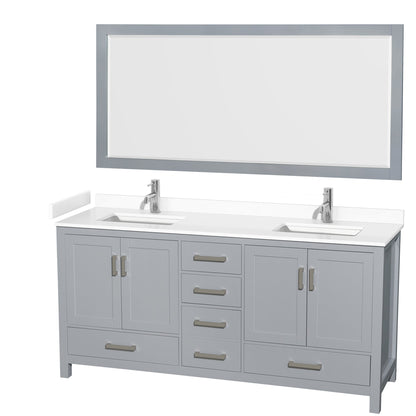 Wyndham Collection Sheffield 72" Double Bathroom Vanity in Gray, White Cultured Marble Countertop, Undermount Square Sinks, 70" Mirror