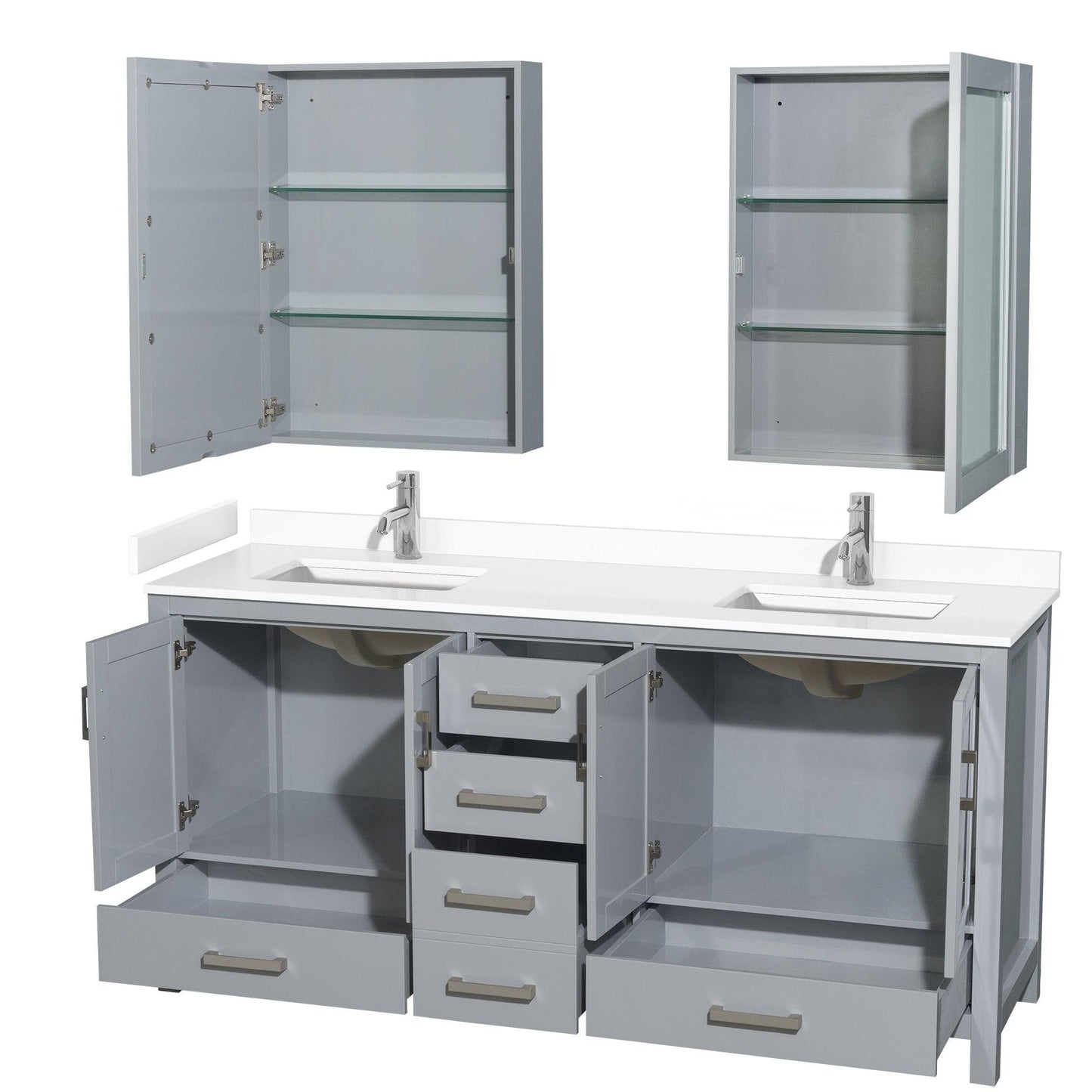 Wyndham Collection Sheffield 72" Double Bathroom Vanity in Gray, White Cultured Marble Countertop, Undermount Square Sinks, Medicine Cabinet