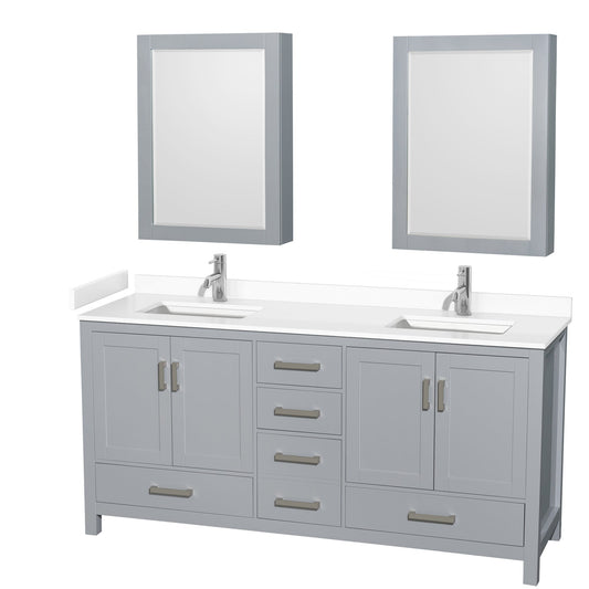 Wyndham Collection Sheffield 72" Double Bathroom Vanity in Gray, White Cultured Marble Countertop, Undermount Square Sinks, Medicine Cabinet