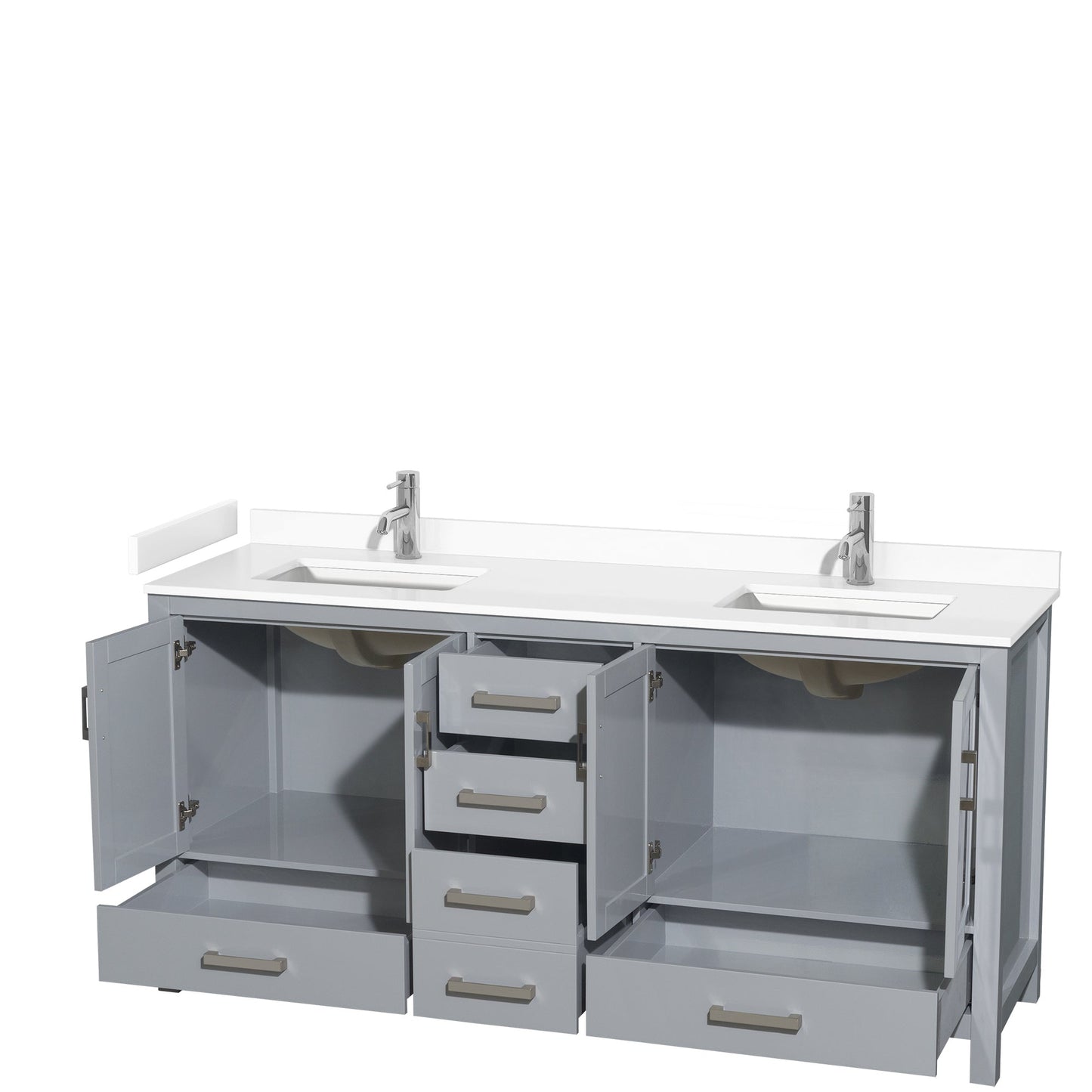 Wyndham Collection Sheffield 72" Double Bathroom Vanity in Gray, White Cultured Marble Countertop, Undermount Square Sinks, No Mirror