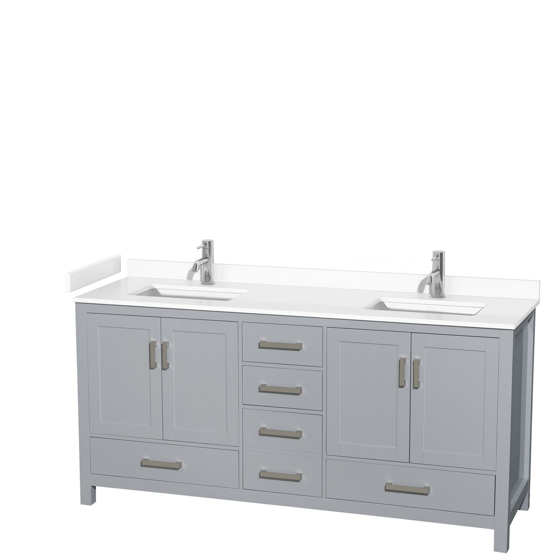 Wyndham Collection Sheffield 72" Double Bathroom Vanity in Gray, White Cultured Marble Countertop, Undermount Square Sinks, No Mirror