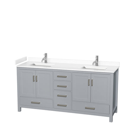 Wyndham Collection Sheffield 72" Double Bathroom Vanity in Gray, White Cultured Marble Countertop, Undermount Square Sinks, No Mirror