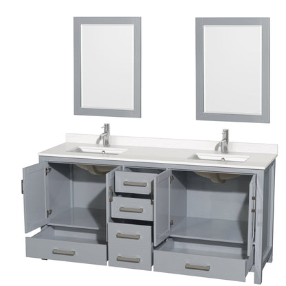 Wyndham Collection Sheffield 72" Double Bathroom Vanity in Gray, White Quartz Countertop, Undermount Square Sinks, 24" Mirror