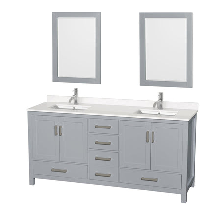 Wyndham Collection Sheffield 72" Double Bathroom Vanity in Gray, White Quartz Countertop, Undermount Square Sinks, 24" Mirror
