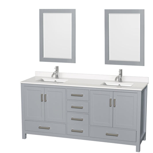 Wyndham Collection Sheffield 72" Double Bathroom Vanity in Gray, White Quartz Countertop, Undermount Square Sinks, 24" Mirror
