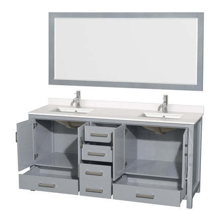 Wyndham Collection Sheffield 72" Double Bathroom Vanity in Gray, White Quartz Countertop, Undermount Square Sinks, 70" Mirror