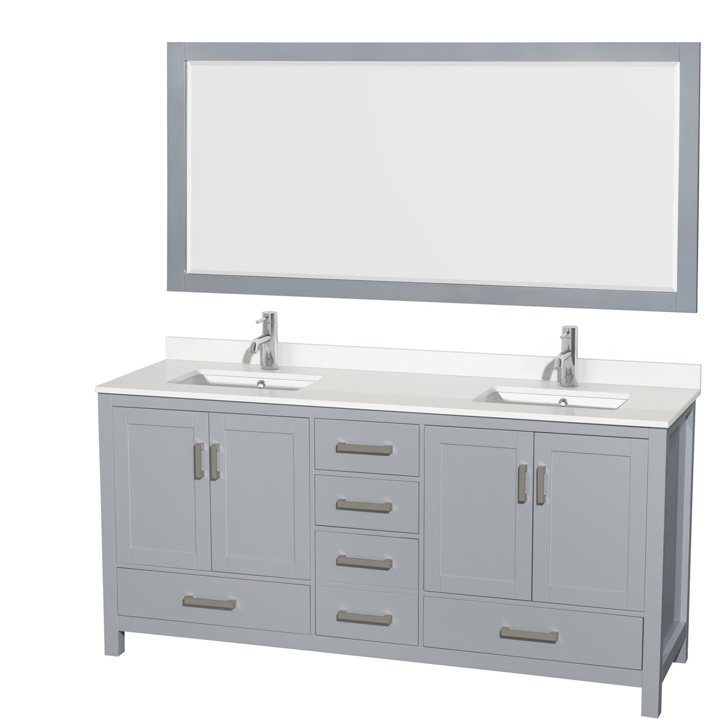 Wyndham Collection Sheffield 72" Double Bathroom Vanity in Gray, White Quartz Countertop, Undermount Square Sinks, 70" Mirror