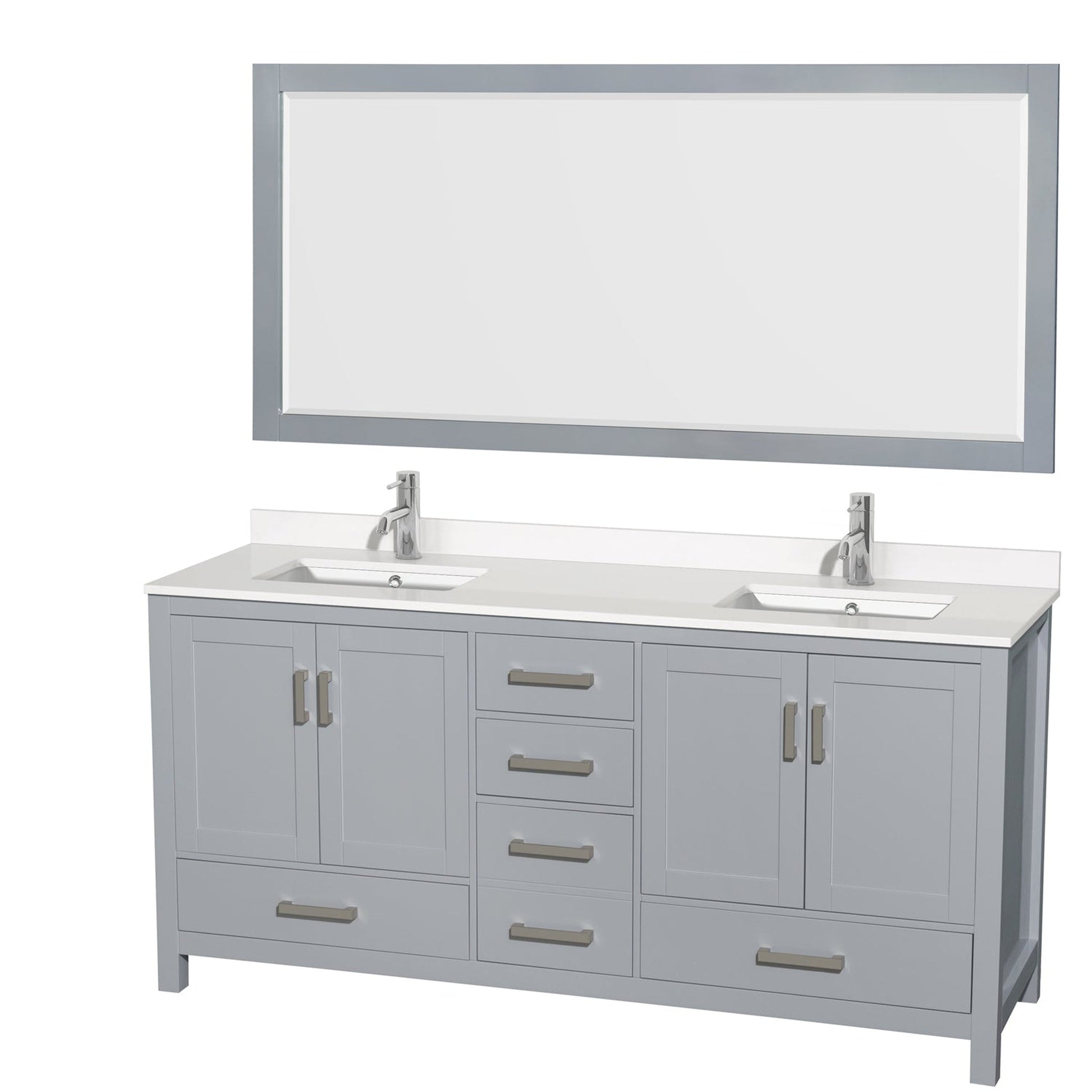 Wyndham Collection Sheffield 72" Double Bathroom Vanity in Gray, White Quartz Countertop, Undermount Square Sinks, 70" Mirror
