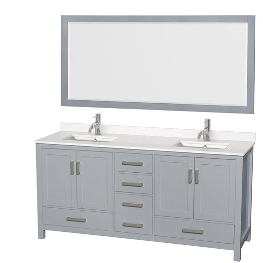 Wyndham Collection Sheffield 72" Double Bathroom Vanity in Gray, White Quartz Countertop, Undermount Square Sinks, 70" Mirror