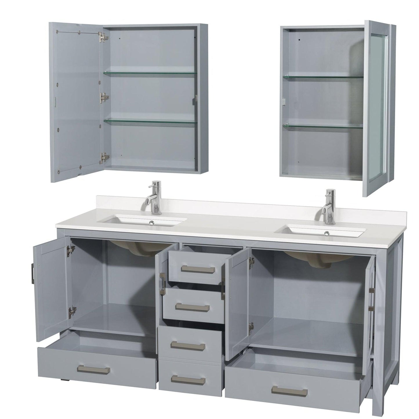 Wyndham Collection Sheffield 72" Double Bathroom Vanity in Gray, White Quartz Countertop, Undermount Square Sinks, Medicine Cabinet