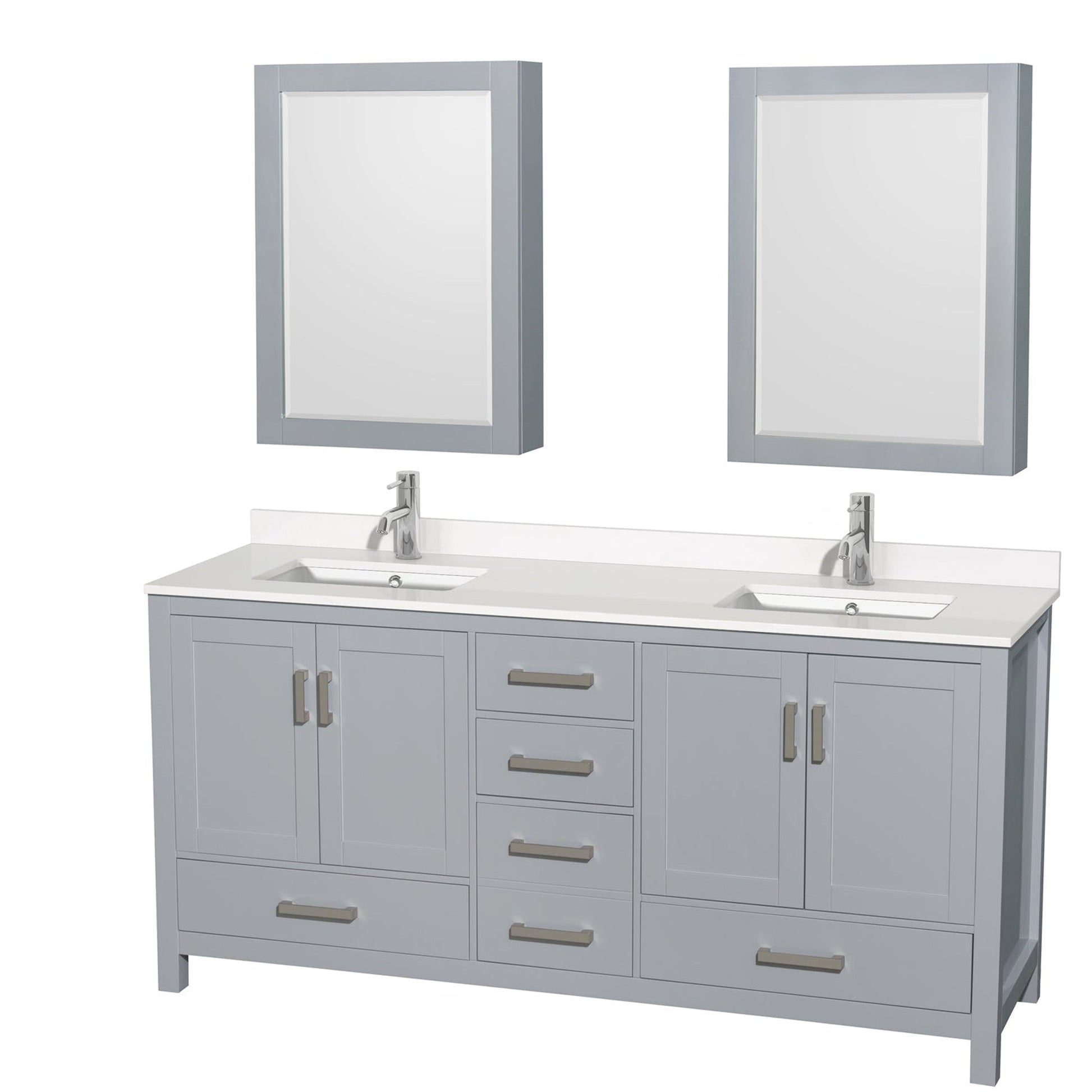 Wyndham Collection Sheffield 72" Double Bathroom Vanity in Gray, White Quartz Countertop, Undermount Square Sinks, Medicine Cabinet