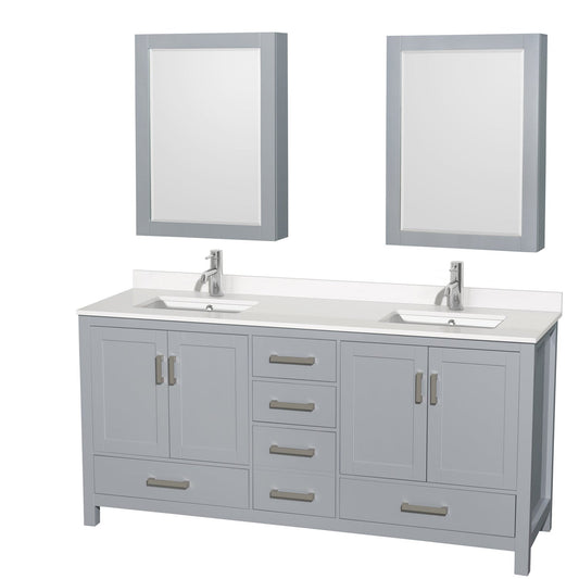 Wyndham Collection Sheffield 72" Double Bathroom Vanity in Gray, White Quartz Countertop, Undermount Square Sinks, Medicine Cabinet