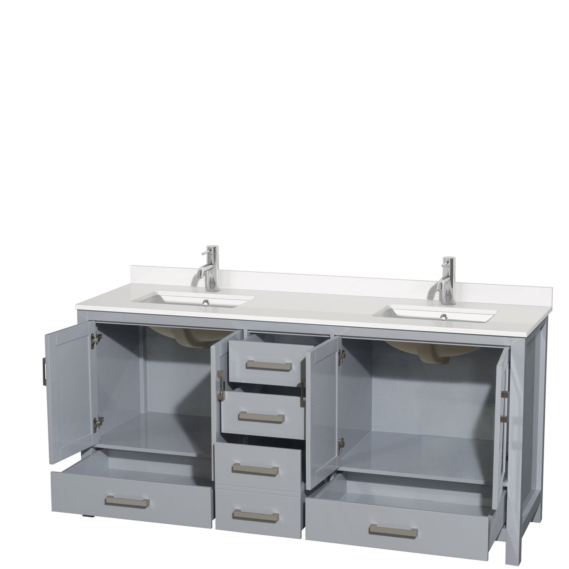 Wyndham Collection Sheffield 72" Double Bathroom Vanity in Gray, White Quartz Countertop, Undermount Square Sinks, No Mirror