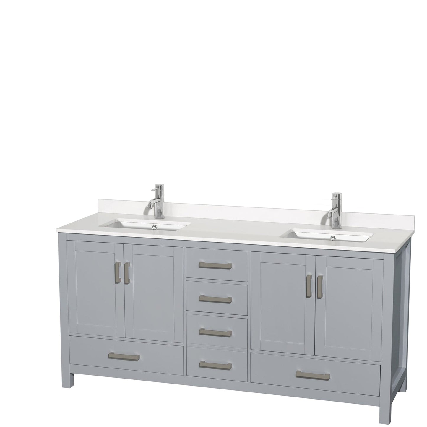 Wyndham Collection Sheffield 72" Double Bathroom Vanity in Gray, White Quartz Countertop, Undermount Square Sinks, No Mirror