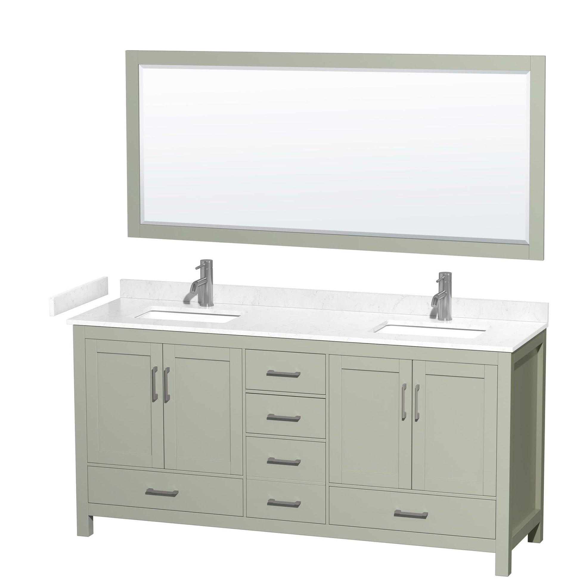 Wyndham Collection Sheffield 72" Double Bathroom Vanity in Light Green, Carrara Cultured Marble Countertop, Undermount Square Sinks, Brushed Nickel Trim, 70" Mirror