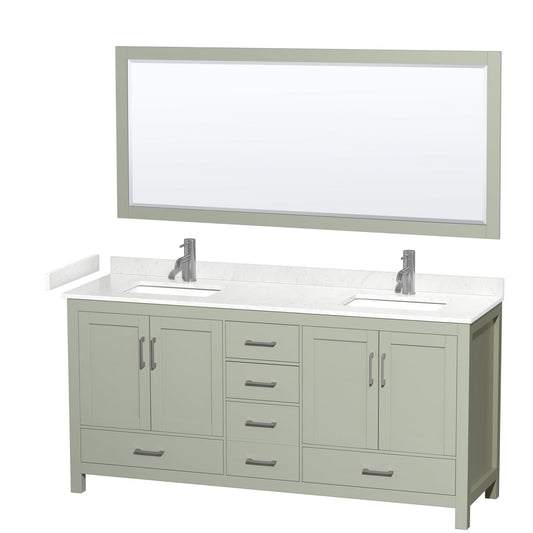 Wyndham Collection Sheffield 72" Double Bathroom Vanity in Light Green, Carrara Cultured Marble Countertop, Undermount Square Sinks, Brushed Nickel Trim, 70" Mirror