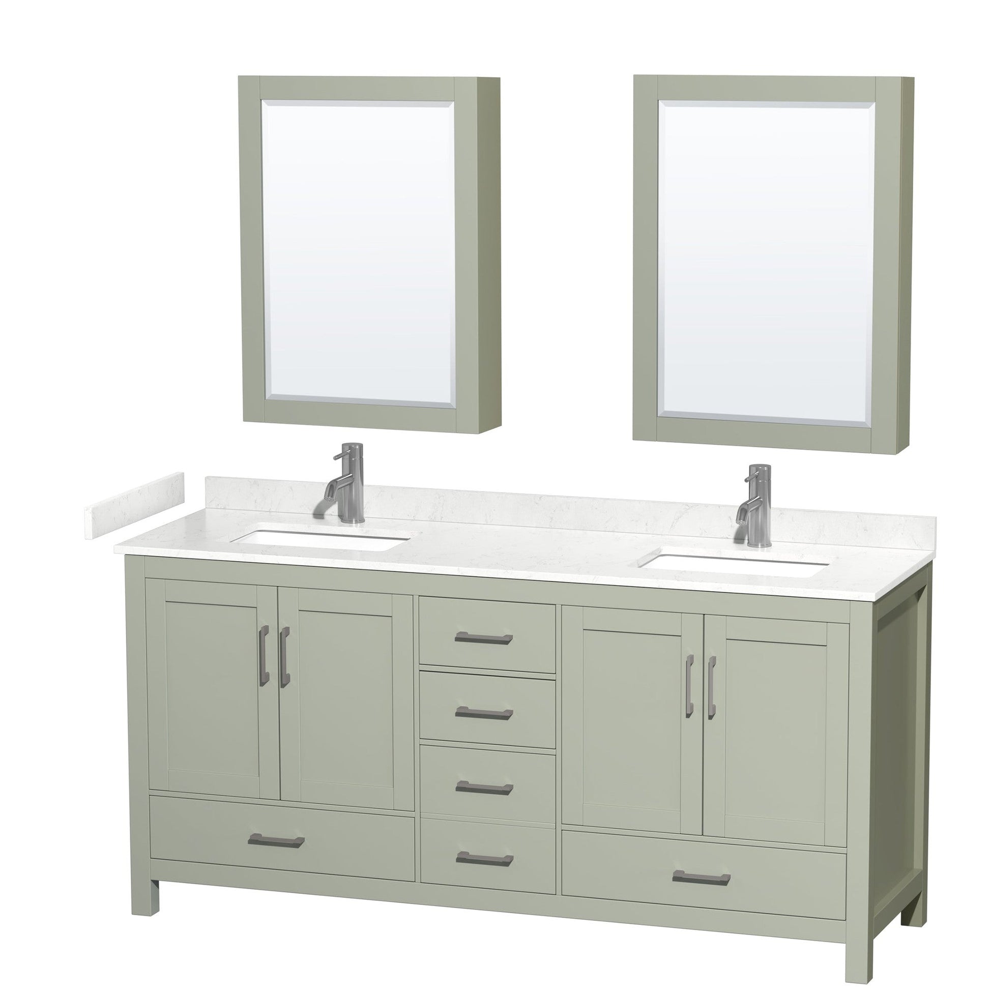 Wyndham Collection Sheffield 72" Double Bathroom Vanity in Light Green, Carrara Cultured Marble Countertop, Undermount Square Sinks, Brushed Nickel Trim, Medicine Cabinets