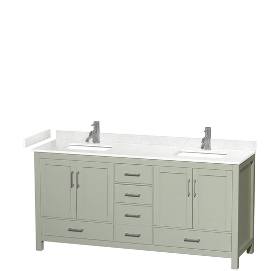 Wyndham Collection Sheffield 72" Double Bathroom Vanity in Light Green, Carrara Cultured Marble Countertop, Undermount Square Sinks, Brushed Nickel Trim