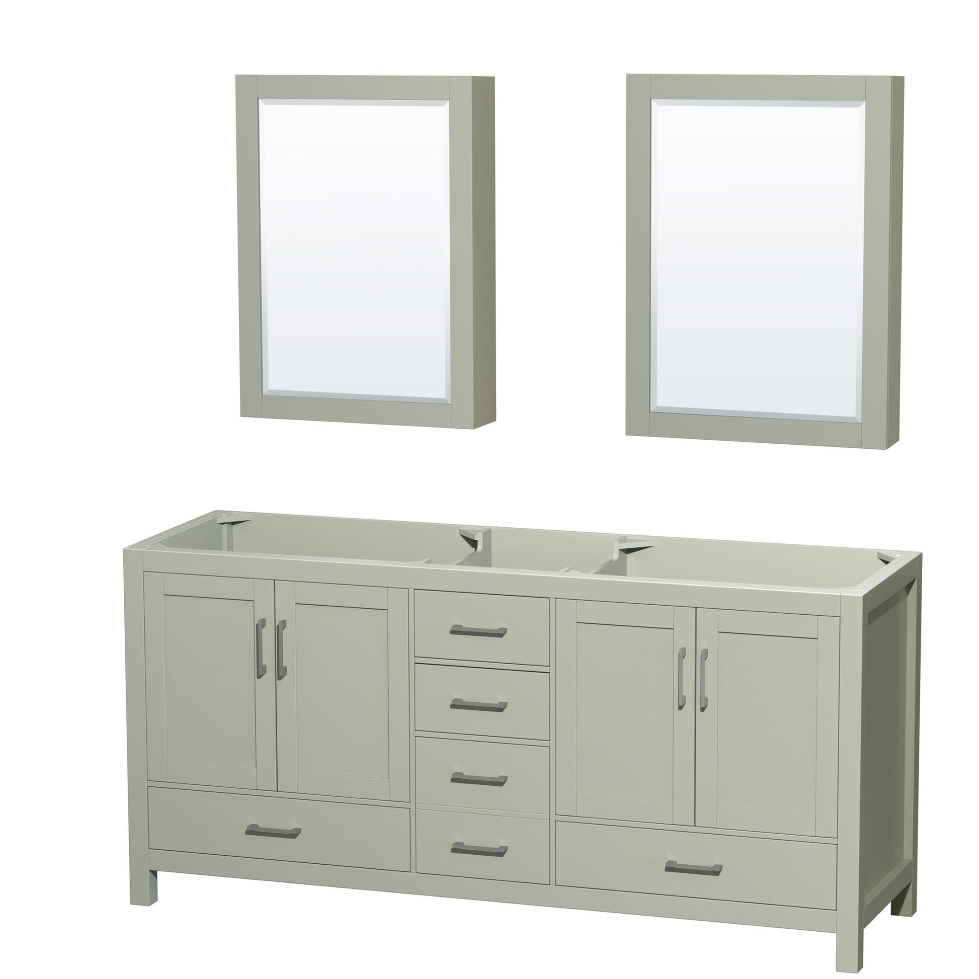 Wyndham Collection Sheffield 72" Double Bathroom Vanity in Light Green, No Countertop, No Sink, Brushed Nickel Trim, Medicine Cabinets