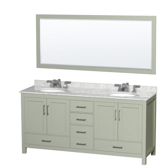 Wyndham Collection Sheffield 72" Double Bathroom Vanity in Light Green, White Carrara Marble Countertop, Undermount Oval Sinks, Brushed Nickel Trim, 70" Mirror
