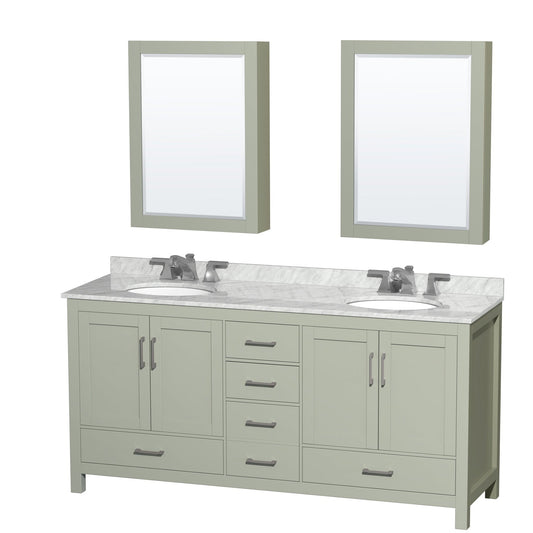 Wyndham Collection Sheffield 72" Double Bathroom Vanity in Light Green, White Carrara Marble Countertop, Undermount Oval Sinks, Brushed Nickel Trim, Medicine Cabinets