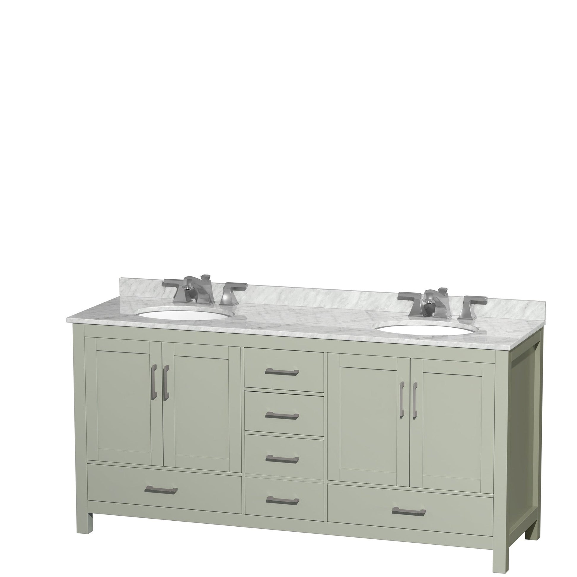 Wyndham Collection Sheffield 72" Double Bathroom Vanity in Light Green, White Carrara Marble Countertop, Undermount Oval Sinks, Brushed Nickel Trim