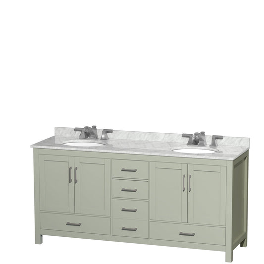 Wyndham Collection Sheffield 72" Double Bathroom Vanity in Light Green, White Carrara Marble Countertop, Undermount Oval Sinks, Brushed Nickel Trim