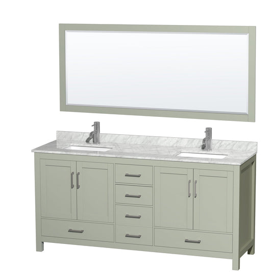 Wyndham Collection Sheffield 72" Double Bathroom Vanity in Light Green, White Carrara Marble Countertop, Undermount Square Sinks, Brushed Nickel Trim, 70" Mirror