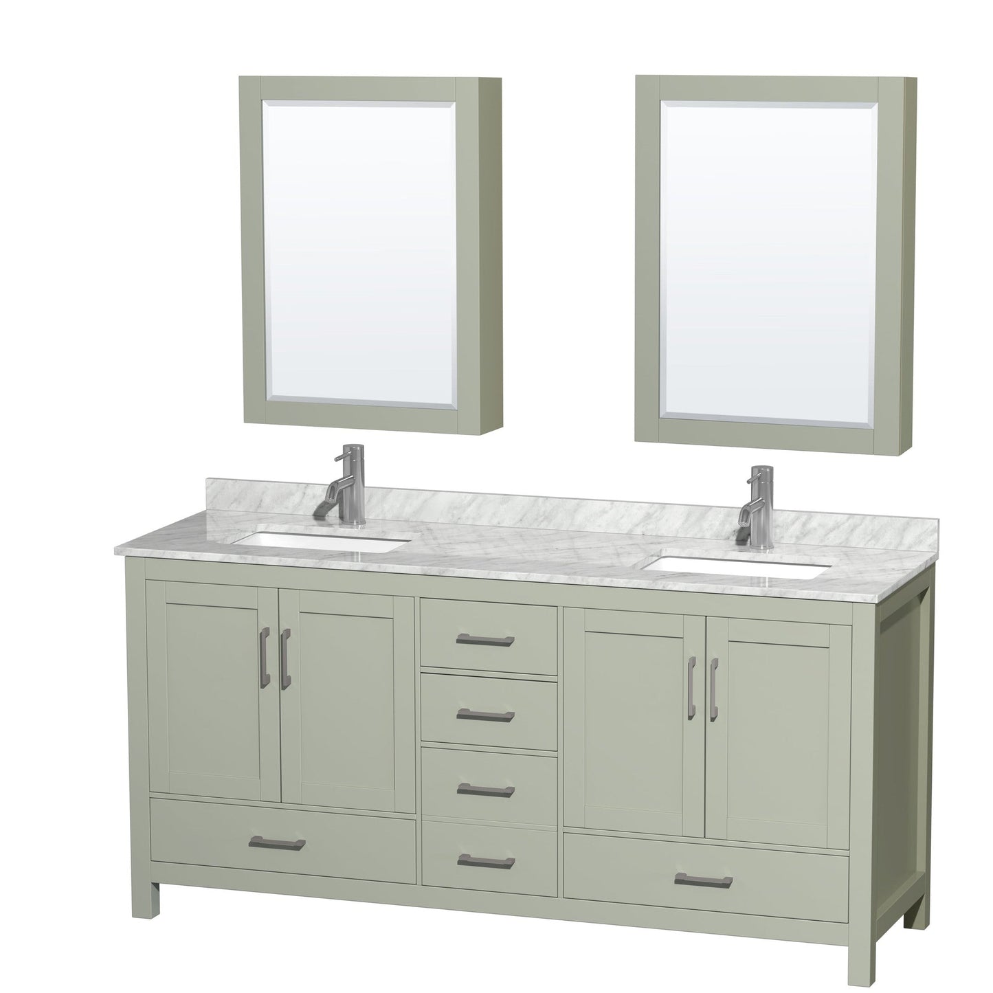 Wyndham Collection Sheffield 72" Double Bathroom Vanity in Light Green, White Carrara Marble Countertop, Undermount Square Sinks, Brushed Nickel Trim, Medicine Cabinets