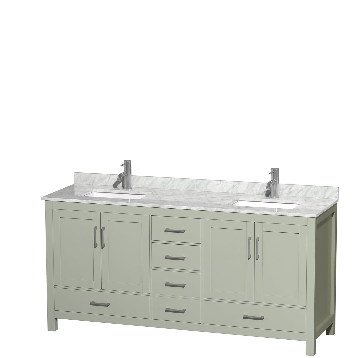 Wyndham Collection Sheffield 72" Double Bathroom Vanity in Light Green, White Carrara Marble Countertop, Undermount Square Sinks, Brushed Nickel Trim