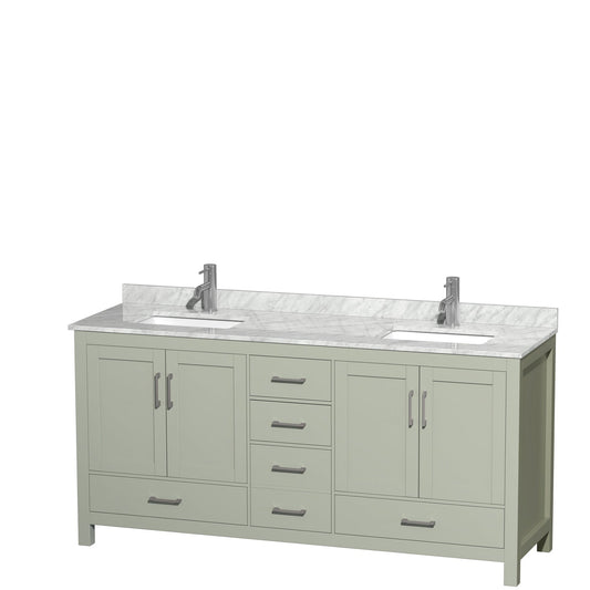 Wyndham Collection Sheffield 72" Double Bathroom Vanity in Light Green, White Carrara Marble Countertop, Undermount Square Sinks, Brushed Nickel Trim
