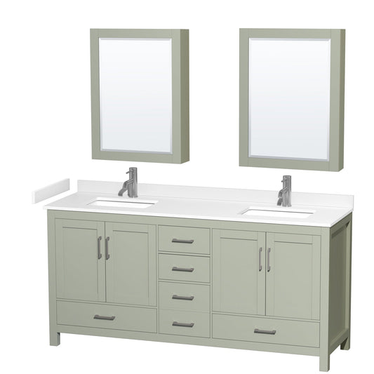 Wyndham Collection Sheffield 72" Double Bathroom Vanity in Light Green, White Cultured Marble Countertop, Undermount Square Sinks, Brushed Nickel Trim, Medicine Cabinets