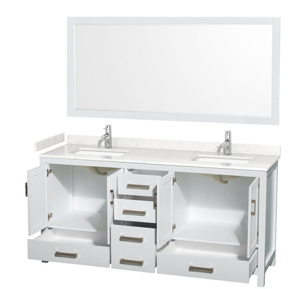 Wyndham Collection Sheffield 72" Double Bathroom Vanity in White, Carrara Cultured Marble Countertop, Undermount Square Sinks, 24" Mirror