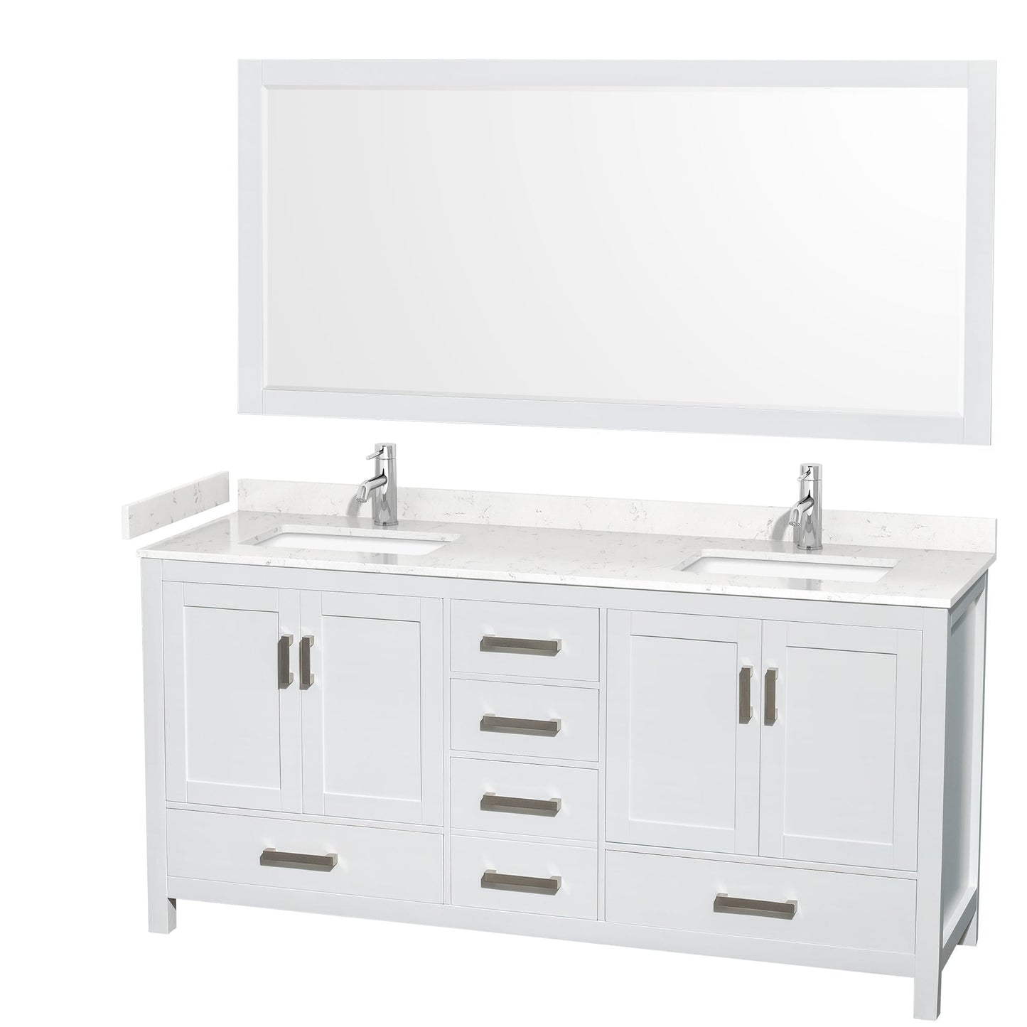 Wyndham Collection Sheffield 72" Double Bathroom Vanity in White, Carrara Cultured Marble Countertop, Undermount Square Sinks, 24" Mirror