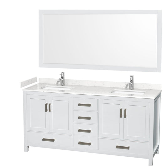 Wyndham Collection Sheffield 72" Double Bathroom Vanity in White, Carrara Cultured Marble Countertop, Undermount Square Sinks, 24" Mirror