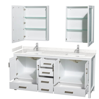 Wyndham Collection Sheffield 72" Double Bathroom Vanity in White, Carrara Cultured Marble Countertop, Undermount Square Sinks, Medicine Cabinet