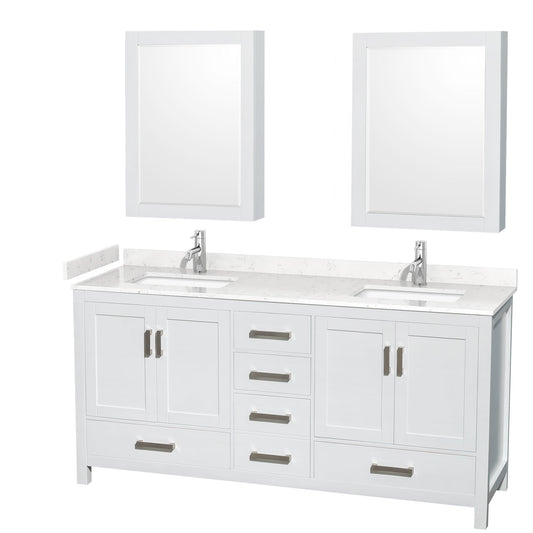 Wyndham Collection Sheffield 72" Double Bathroom Vanity in White, Carrara Cultured Marble Countertop, Undermount Square Sinks, Medicine Cabinet
