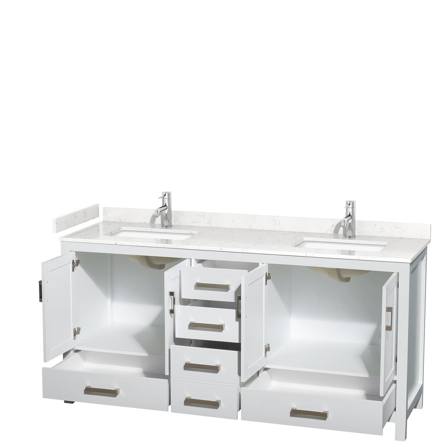 Wyndham Collection Sheffield 72" Double Bathroom Vanity in White, Carrara Cultured Marble Countertop, Undermount Square Sinks, No Mirror