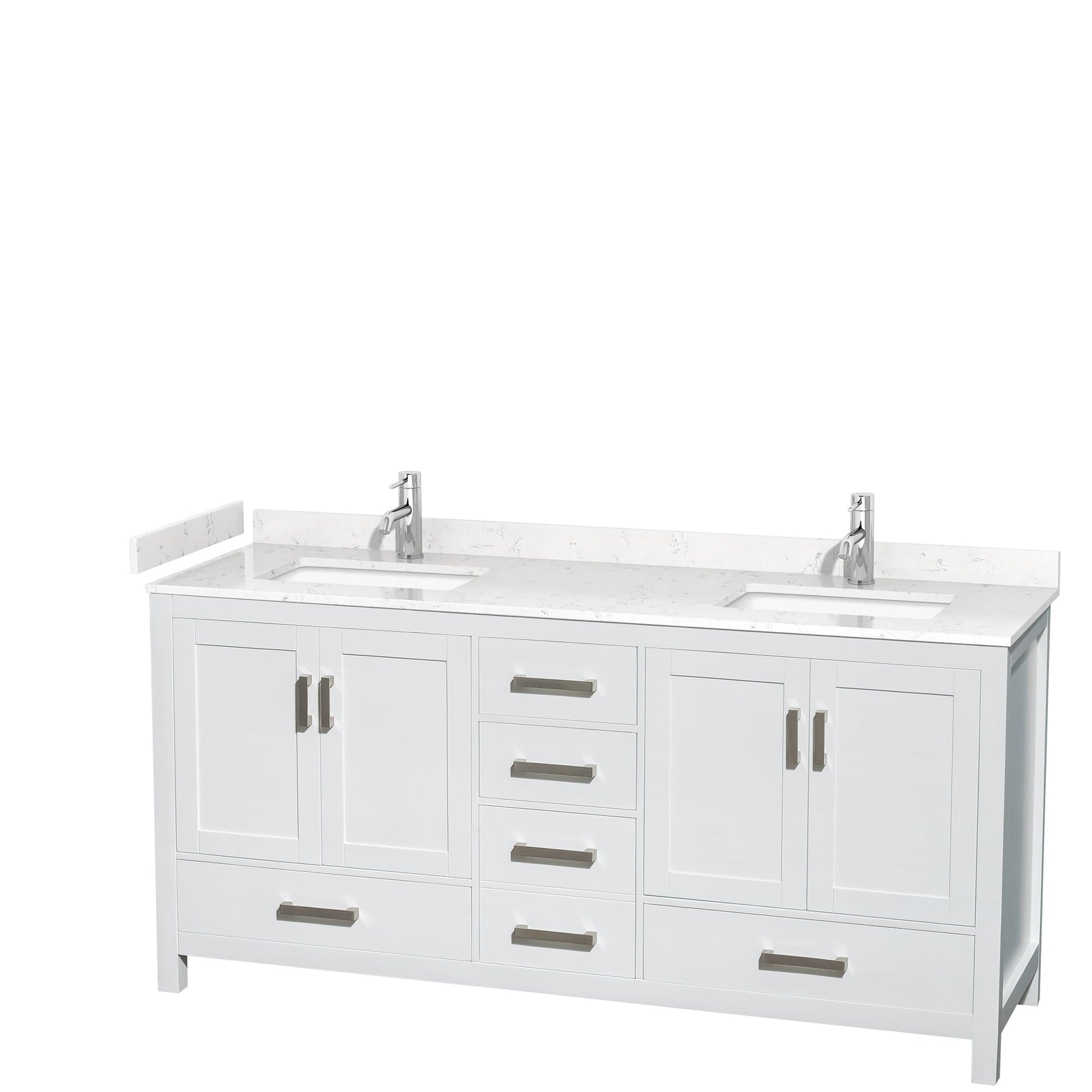 Wyndham Collection Sheffield 72" Double Bathroom Vanity in White, Carrara Cultured Marble Countertop, Undermount Square Sinks, No Mirror